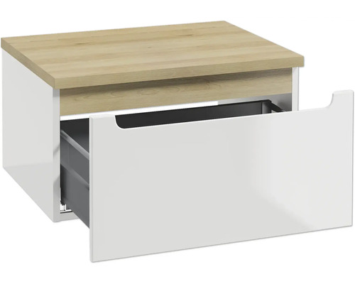 Waschtischunterschrank mit einer geöffneten Schublade, weißer Hochglanz-Front und einer Abdeckplatte in Holzoptik.