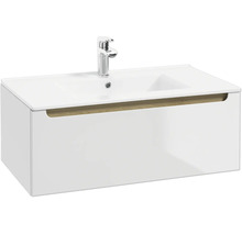 Waschtischunterschrank mit weißem Waschbecken, verchromter Armatur und einer Schublade mit Griffmulde in Holzoptik.