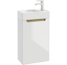 Weißer Gäste-WC-Waschtisch mit Unterschrank, Keramikbecken und verchromter Armatur, Griffleiste in Holzoptik.
