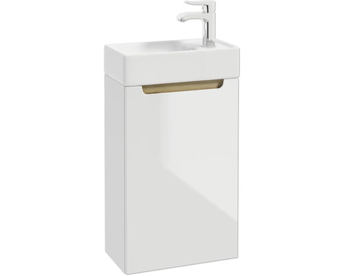Weißer Gäste-WC-Waschtisch mit Unterschrank, Keramikbecken und verchromter Armatur, Griffleiste in Holzoptik.