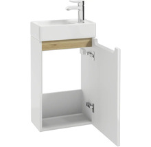 Gäste-WC-Waschtisch mit Unterschrank in Weiß mit Holzdekor, geöffneter Tür, Waschbecken und verchromter Armatur.