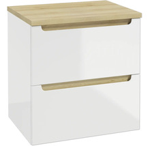 Waschtischunterschrank in Weiß mit zwei Schubladen und einer hölzernen Deckplatte.
