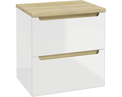 Waschtischunterschrank in Weiß mit zwei Schubladen und einer hölzernen Deckplatte.