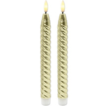 Zwei goldene LED-Stabkerzen in Spiralform mit leuchtender Flamme.