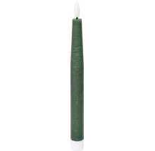 Grüne LED-Stabkerze mit weißer Flamme und weißem Sockel.