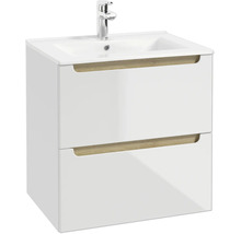 Waschtischunterschrank mit zwei Schubladen, Griffmulden in Holzoptik, inklusive Waschbecken und Armatur.