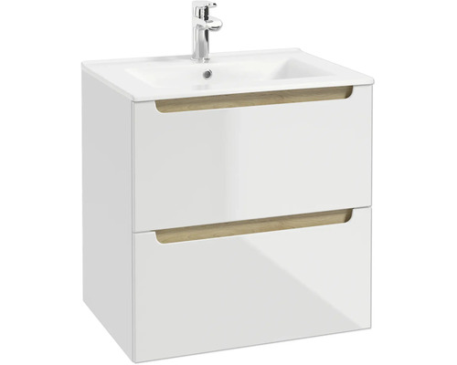 Waschtischunterschrank mit zwei Schubladen, Griffmulden in Holzoptik, inklusive Waschbecken und Armatur.