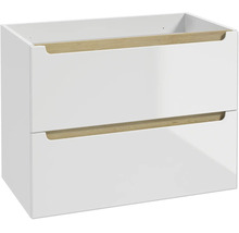 Waschtischunterschrank mit zwei Schubladen in Weiß Hochglanz und Griffmulden mit Holzdekor.