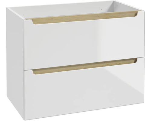 Waschtischunterschrank mit zwei Schubladen in Weiß Hochglanz und Griffmulden mit Holzdekor.