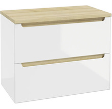 Waschtischunterschrank in Weiß Hochglanz mit zwei Schubladen und Abdeckplatte sowie Griffmulden in heller Holzoptik.