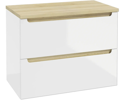 Waschtischunterschrank in Weiß Hochglanz mit zwei Schubladen und Abdeckplatte sowie Griffmulden in heller Holzoptik.