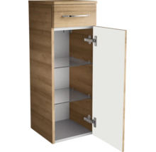 Badezimmer-Midischrank in Eichenoptik mit einer Schublade, einer Tür und zwei Einlegeböden aus Glas.