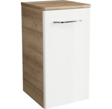 Badezimmerunterschrank mit Korpus in Eichenoptik, weißer Front und Metallgriff.