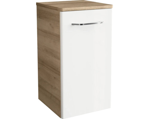 Badezimmerunterschrank mit Korpus in Eichenoptik, weißer Front und Metallgriff.