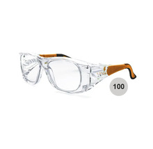 Schutzbrille mit Seitenschutz, transparenten Gläsern und orangefarbenen Bügeln, einhundert Stück.