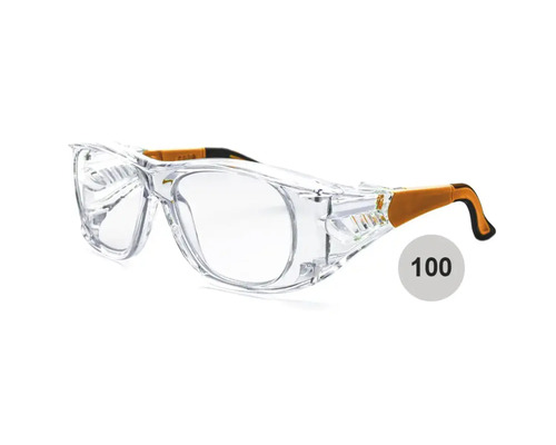 Schutzbrille mit Seitenschutz, transparenten Gläsern und orangefarbenen Bügeln, einhundert Stück.