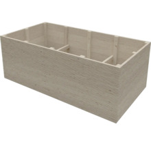 Rechteckiges Hochbeet aus Holz mit horizontaler Riffelung und Innenverstrebungen.