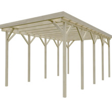 Doppelcarport aus Holz mit Flachdach und stabilen Pfosten.