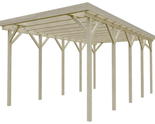 Doppelcarport aus Holz mit Flachdach und stabilen Pfosten.