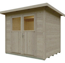 Gartenhaus aus Holz mit Pultdach und Doppeltür inklusive Lichtausschnitten.