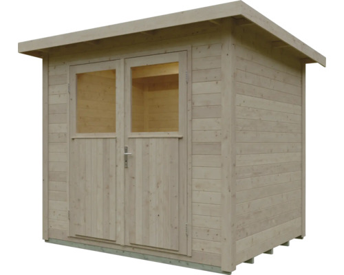 Gartenhaus aus Holz mit Pultdach und Doppeltür inklusive Lichtausschnitten.