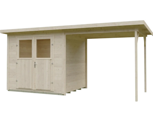 Gartenhaus aus Holz mit Pultdach, Doppeltür mit Fenstern und integriertem Schleppdach.