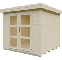 Gartenhaus aus hellem Holz mit Flachdach und verglaster Doppeltür.