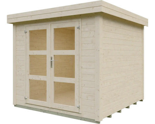 Gartenhaus aus hellem Holz mit Flachdach und verglaster Doppeltür.
