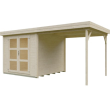 Gartenhaus aus Holz mit Pultdach, Doppeltür mit Glaseinsätzen und seitlichem Anbaudach.