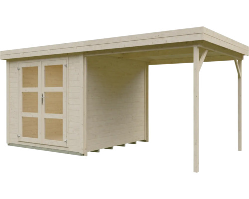 Gartenhaus aus Holz mit Pultdach, Doppeltür mit Glaseinsätzen und seitlichem Anbaudach.