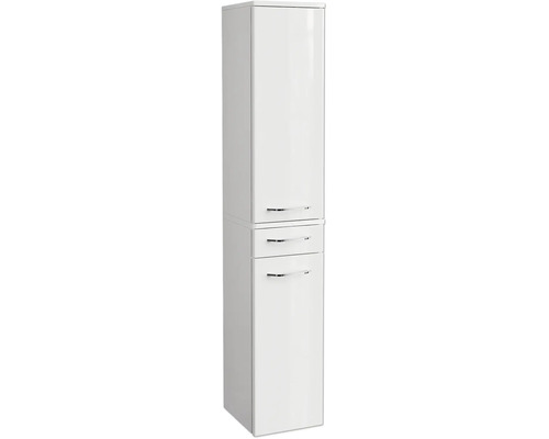 Weißer Badezimmer-Hochschrank in Hochglanz-Optik mit zwei Türen, einer Schublade und verchromten Griffen.