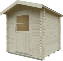 Gartenhaus aus naturbelassenem Holz mit Satteldach und Einzeltür mit Sprossenfenster.