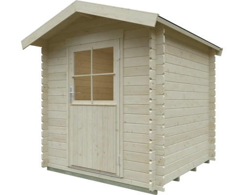 Gartenhaus aus naturbelassenem Holz mit Satteldach und Einzeltür mit Sprossenfenster.