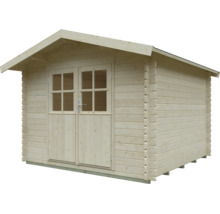 Gartenhaus aus Holz mit Satteldach und einer Doppeltür mit Lichtausschnitten.