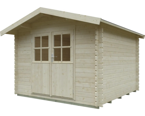 Gartenhaus aus Holz mit Satteldach und einer Doppeltür mit Lichtausschnitten.