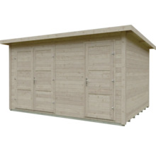 Gartenhaus aus hellem Holz mit Pultdach, einer Doppeltür und einer Einzeltür.