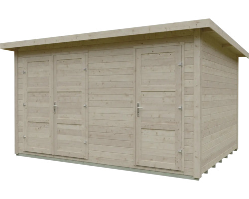 Gartenhaus aus hellem Holz mit Pultdach, einer Doppeltür und einer Einzeltür.