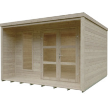 Modernes Gartenhaus aus hellem Naturholz mit Flachdach, großer Glas-Doppeltür und einem schmalen Seitenfenster.
