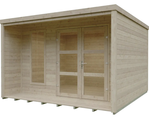 Modernes Gartenhaus aus hellem Naturholz mit Flachdach, großer Glas-Doppeltür und einem schmalen Seitenfenster.