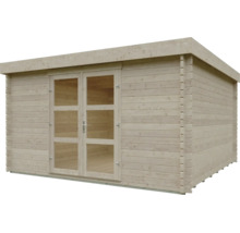 Gartenhaus aus Holz mit Flachdach und Doppeltür mit Lichtausschnitten.
