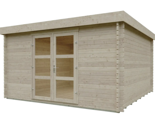 Gartenhaus aus Holz mit Flachdach und Doppeltür mit Lichtausschnitten.