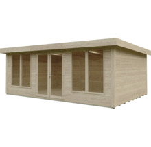 Gartenhaus aus Holz mit Flachdach, Doppelflügeltür aus Glas und bodentiefen Fenstern.