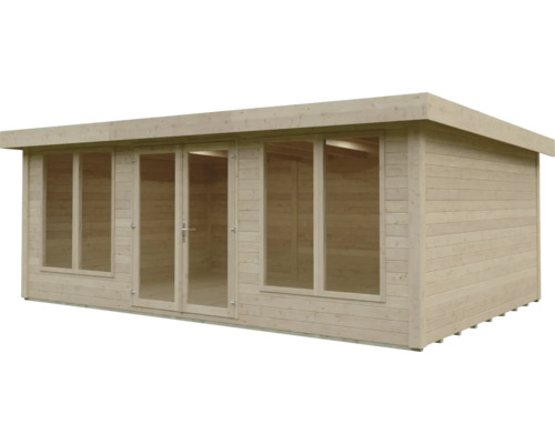 Gartenhaus aus Holz mit Flachdach, Doppelflügeltür aus Glas und bodentiefen Fenstern.
