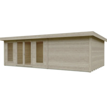 Modernes Gartenhaus aus hellem Holz mit Flachdach, Glas-Doppeltür und zwei bodentiefen Fenstern.