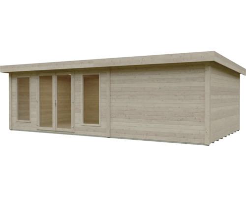 Modernes Gartenhaus aus hellem Holz mit Flachdach, Glas-Doppeltür und zwei bodentiefen Fenstern.