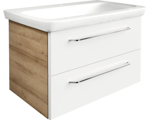 Waschbeckenunterschrank mit zwei Schubladen, weißer Front, Seitenteilen in Holzoptik und integriertem Waschbecken.