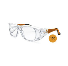 Schutzbrille mit Sehstärke 1,5, transparente Kunststoffgläser, verstellbare Bügel.