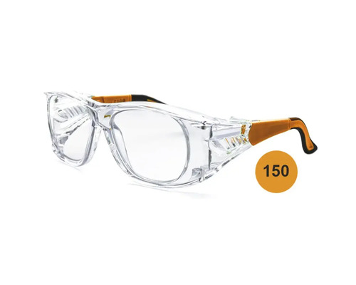 Schutzbrille mit Sehstärke 1,5, transparente Kunststoffgläser, verstellbare Bügel.