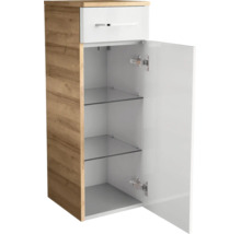 Badunterschrank mit einer Schublade und einer Tür, Korpus in Eichenoptik, Front in Weiß, zwei Glaseinlegeböden im Inneren.