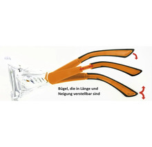 Schutzbrille mit in Länge und Neigung verstellbaren Bügeln.